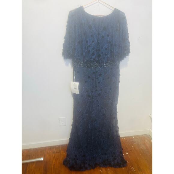 MAC DUGGAL 67712 Dark Blue Beaded Floral Lace Cape Short Sleeve Dress Size 16 - Picture 4 of 9